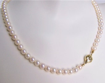 Akoya Zucht Perlenkette mit 585 Gold Schließe 47 cm, 6,5mm Perle, Hochzeitskette, Geschenk für Hochzeit