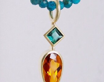 Gele toermalijn hanger 585 goud, petrol turquoise apatiet ketting, oranje, groen-blauw, ketting