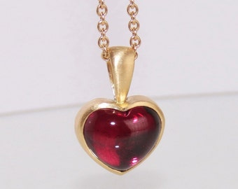 Ciondolo cuore rodolite oro rosa 585, catena cuore rosso ciliegia, granato, pezzo unico