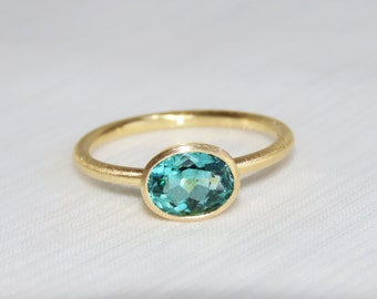Anillo de turmalina verde azul de oro 750, ancho 56, azul turquesa, anillo de compromiso clásico