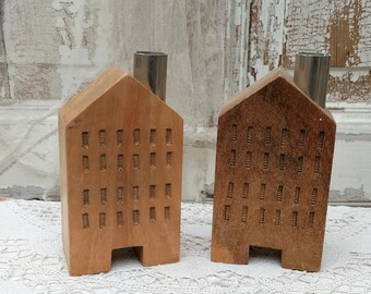 2 wooden houses, candle holder, hand carved