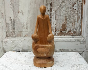 Sculpture, wooden figure, mother and children