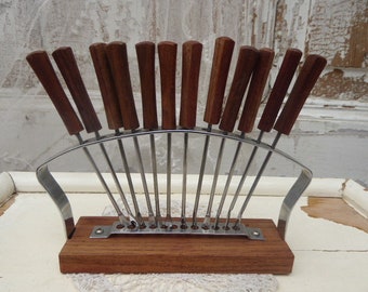 6 bowl skewers in teak stand, 60's