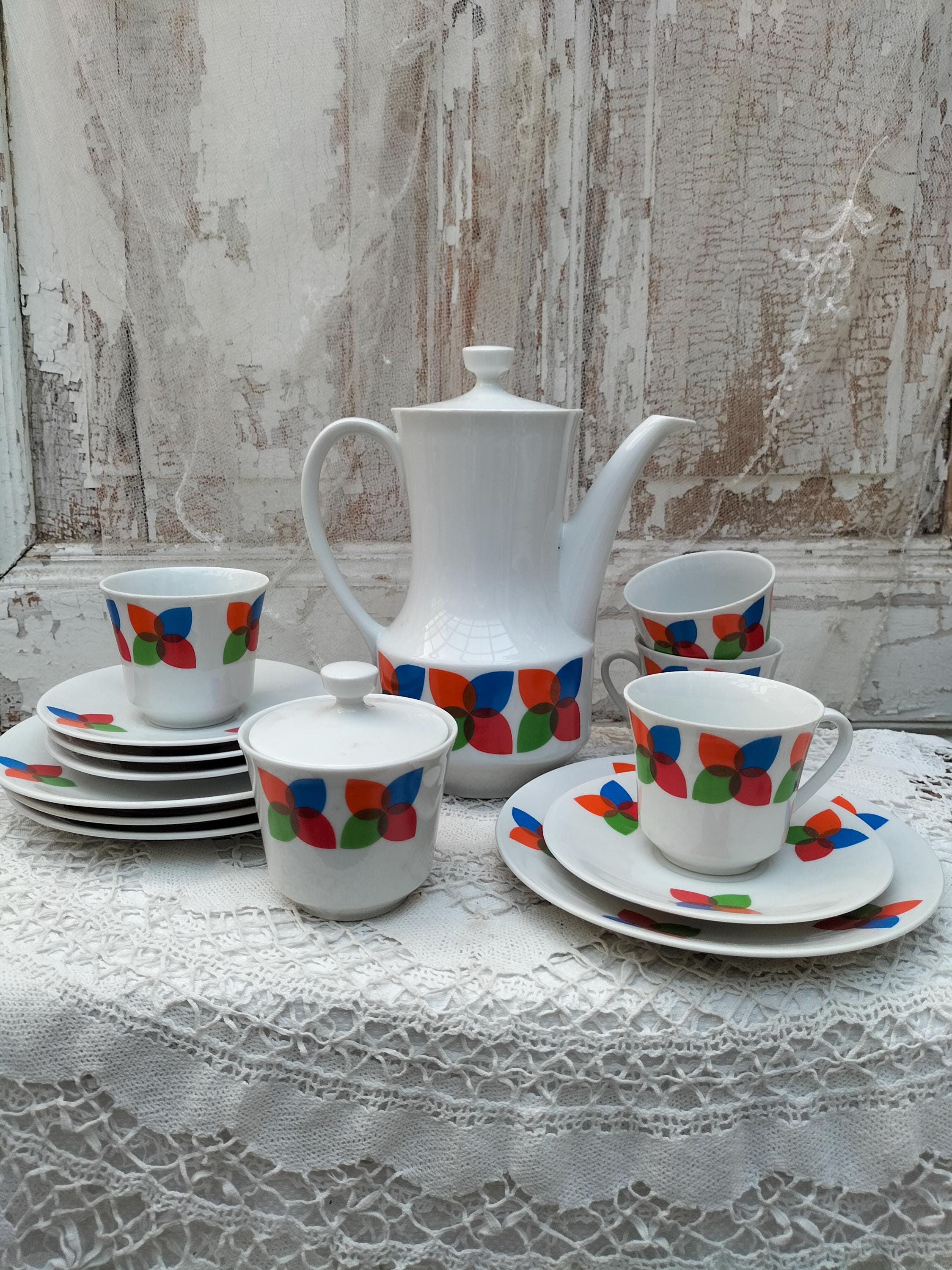 Service à Café SELFMANN WEIDEN - 13 Pièces Porcelaine Blanche Et Rose, Vintage