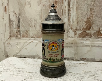 Beer mug, stoneware, fire brigade, hand-painted