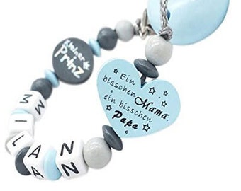 Speenketting met naam JONGEN Een beetje mama papa en heel veel wonder blauw hout babycadeau geboorte doop