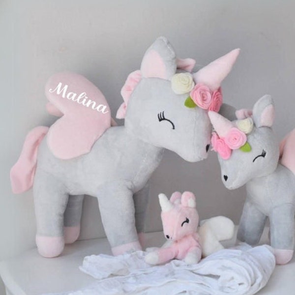 Einhorn Kuscheltier XXL groß für Mädchen - personalisiertes Geschenk zur Geburt Geburtstag - Plüsch in rosa weiß - Babygeschenk Taufe