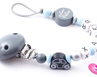 Schnullerkette mit Namen ★ Prinz /& Auto ★ Junge grau blau Geburt Baby Geschenk