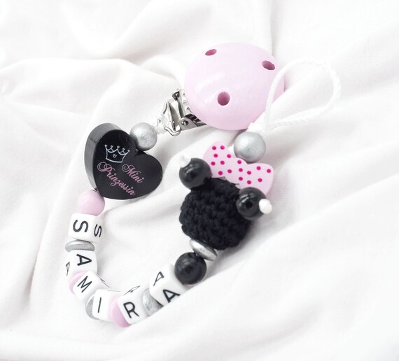 Schnullerkette mit Namen Mädchen rosa grau ♥ kleine Prinzessin Babygeschenk Holz