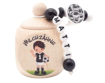 Milchzahndose personalisiert FUßBALL Junge Schwarze Haare Zahnbox Zahndose Geschenk mit Namen Geburtstag Aufbewahrung Milchzähne Zahnfee