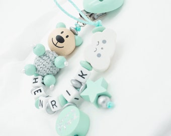 Schnullerkette mit Namen JUNGE • kleiner Prinz • XL TEDDY Häkelperle • silber mint•  Babygeschenk Geburt Taufe Holz Clip