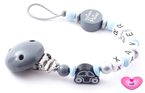 Schnullerkette mit Namen ★ Sterne ★ Junge Geburt Babygeschenk blau grau weiß
