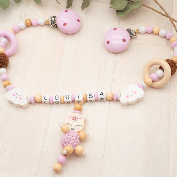 Kinderwagenkette Wagenkette mit Namen Mädchen REH rosa Holz Natur Wolke Babygeschenk Set Geburt