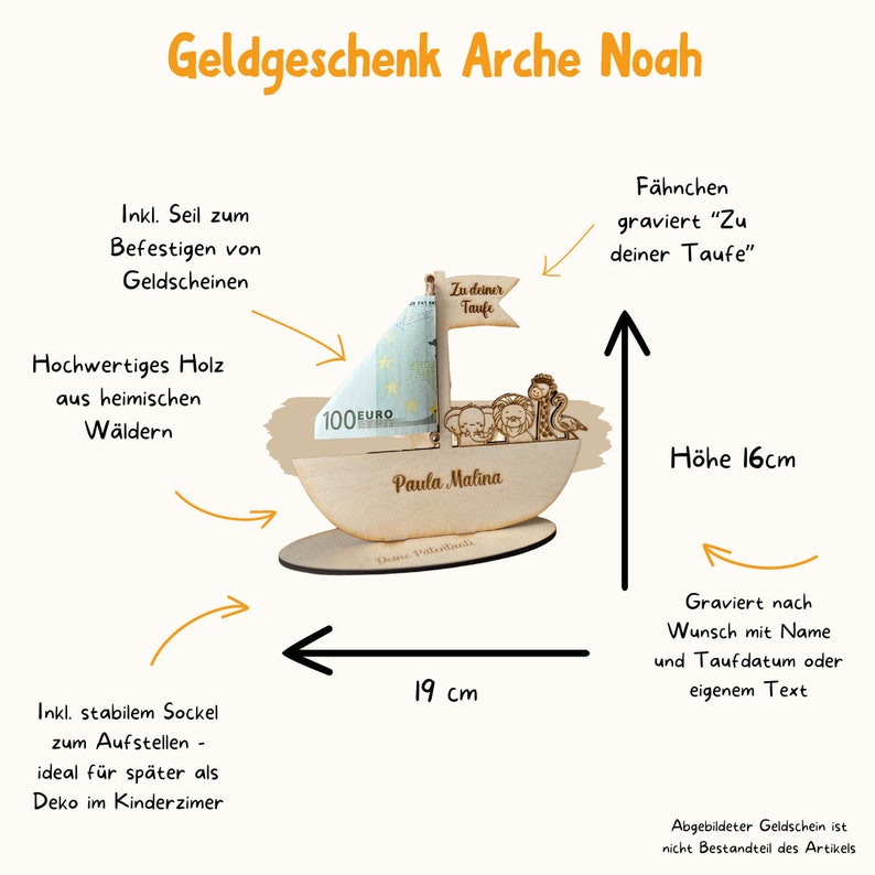 Taufgeschenk Geldgeschenk ARCHE NOAH personalisiert aus Holz Taufgeschenke für Mädchen Jungen Taufe Babygeschenk Geburt Bild 8