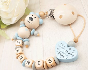 Pacifier chain with name BOY • XL teddy wooden letters A little bit of mom dad and a lot of wonder blue wood baby gift birth baptism