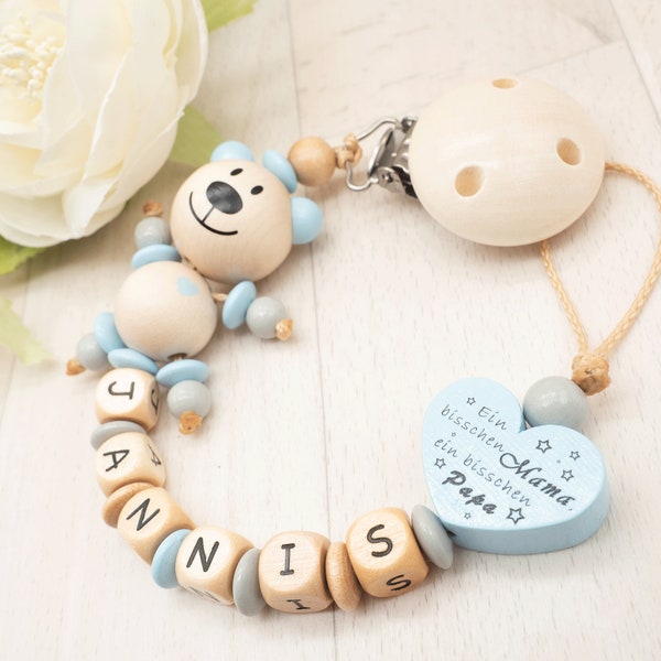 Speenketting met naam JONGEN • XL teddy houten letters Een klein beetje mama papa en veel wonder blauw hout babycadeau geboorte doop