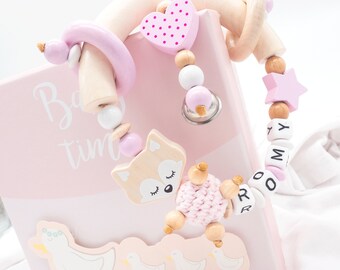 Greifling mit Namen Mädchen • Glocke • beige grau rosa naturtöne •  Häkelperlen + FUCHS • Babygeschenk Geburt Taufe