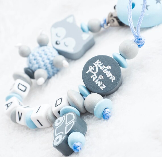 Schnullerkette mit Namen ♥ Fuchs ♥ ♥ Baby Junge Blau Mint Babygeschenk unisex