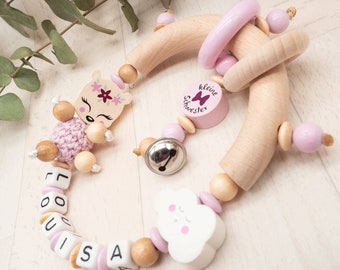 Greifling mit Namen REH Mädchen kleine Schwester• Glocke • beige weinrot rosa naturtöne• Babygeschenk Geburt Taufe