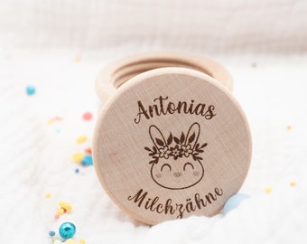 Personalisierte Milchzahndose aus Holz, Zahndose Mädchen, Zahnbox aus Holz, Motiv Hase