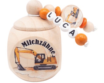 Milk tooth box with name boy excavator chain excavator construction site personalized gift storage milk teeth tooth fairy