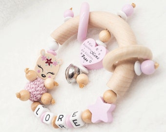 Grasping toy with name girl • Bell • A little bit of mom dad and a lot of wonder • Crochet beads + DEER • Baby gift birth baptism