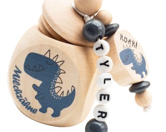 Milk tooth box personalized boys made of wood for milk teeth DINOSAUR gray with name - milk tooth box for storage