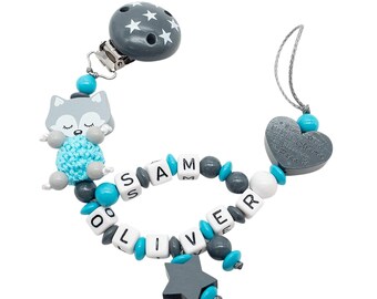 Pacifier chain with name DOUBLE NAME BOY • Fox + A little bit of Mama Papa turquoise