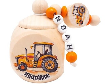 Milchzahndose mit Namen TRECKER Traktor Orange Junge Holz Zahndose Zahnbox Milchzähne Geschenk personalisiert Geburtstag Zahnfee