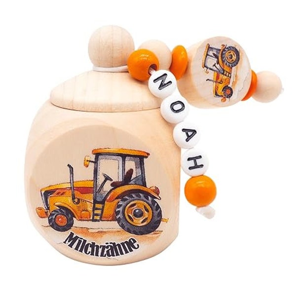 Milchzahndose mit Namen TRECKER Traktor Orange Junge Holz Zahndose Zahnbox Milchzähne Geschenk personalisiert Geburtstag Zahnfee