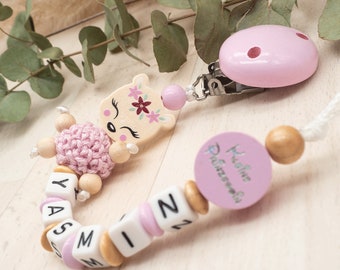 Pacifier chain with name girl REH + small princess pink baby gift birth baptism wood