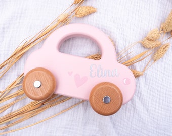 Babygeschenk zur Geburt Mädchen - Holzauto personalisiert - Holzspielzeug individuell mit Namen als Geschenk zur Geburt Taufgeschenk rosa