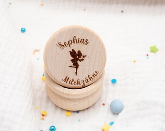 Personalisierte Milchzahndose aus Holz, Zahndose Mädchen, Motiv Zahnfee und Milchzahn, Zahnbox