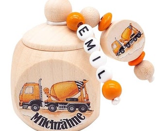 Milchzahndose mit Namen Jungen Betonmischer Baustelle Orange Natur Holz Zahndose Zahnbox Milchzähne Geschenk Geburtstag Zahnfee