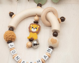 Grasping toy with name girl • Boy silicone lion baby gift birth wood blue gray nature