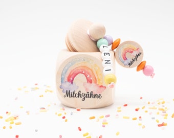 Milchzahndose personalisiert für Mädchen - Regenbogen Aquarell - Zahnbox aus Holz für Milchzähne als Aufbewahrung