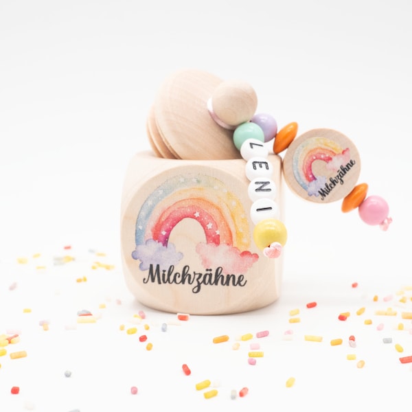Milchzahndose personalisiert für Mädchen - Regenbogen Aquarell - Zahnbox aus Holz für Milchzähne als Aufbewahrung