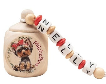 Milchzahndose mit Namen Mädchen Yorkshire Terrier Hund rot Holz Zahnbox Milchzähne Geschenk Einschulung Schultüte Geburtstag