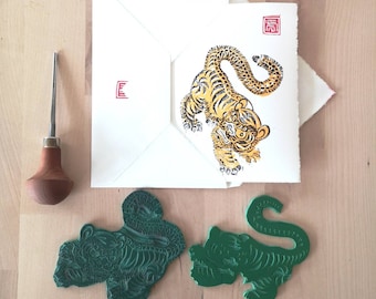 Tiger Lino Print Greeting Card - A6 - Handprint - Chinese traditional art