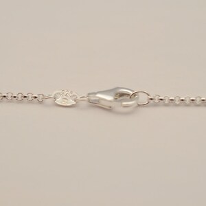 Op de afbeelding: Een zilveren ketting met een karabijn sluiting en een 925 stempel.