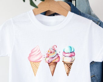 Camisa con estampado completo de conos de helado para jóvenes/camisa de helado/camiseta linda de acuarela/camisa de postre/camisa de cumpleañera/camisa de fiesta de helado para niños