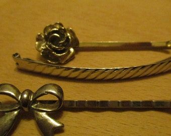 3 Haarklemmen "Blume, Schleife und gemusterte Klammer", 5,5 - 6,5 cm lang, Haarschmuck, Schmuck Vintage, Geschenk Valentinstag