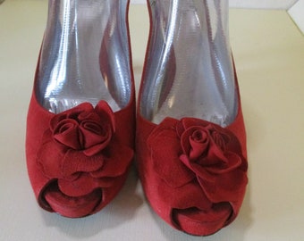 Elegant pumps, red with rose, slingbacks, high heels, size 40, before 2004, leather