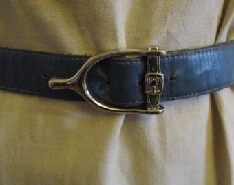 Old belt with large buckle, blue, 70 + x 2.5 cm, faux leather, vintage, 3 cm wide, denim belt