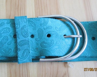 Vintage belt 5.5 cm wide, width 85 +- 2.5 cm, with beautiful buckle and paisley pattern, belt green, wide belt