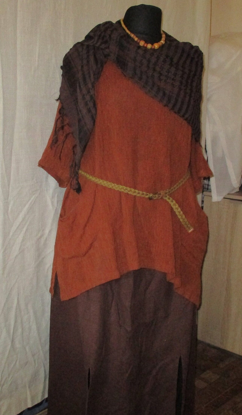 Ladies summer set, size 50/52, skirt, tunic, belt, chain, earth colors, with addition to the set. image 1