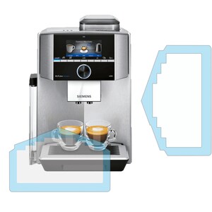 May include: A silver Siemens EQ.9 plus connect coffee machine with a digital display showing drink options. Two clear glass cups filled with espresso sit on the drip tray. The machine features a central control dial and a water tank on the side.