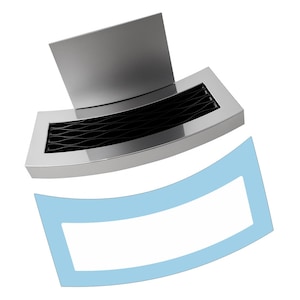 May include: A curved, metallic silver drip tray featuring a black, wavy-patterned grate and an upright, rectangular back panel. Below the tray, a light blue, curved rectangular outline mimics the shape of the base of the metallic component.