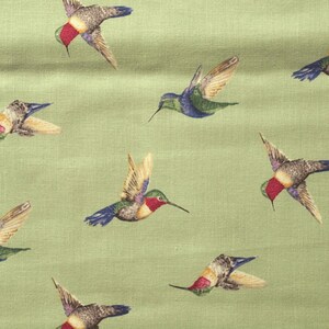 Puede incluir: Una tela verde con un patrón repetido de colibríes coloridos. Los colibríes vuelan en diferentes direcciones y tienen marcas rojas, azules, verdes y marrones.