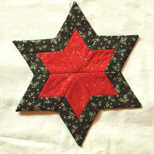 Pode incluir: Um descanso de panela acolchoado em forma de estrela com um centro vermelho e uma borda preta. A borda preta apresenta um padrão de pequenas folhas verdes e bagas vermelhas. Adequado para uso na cozinha.
